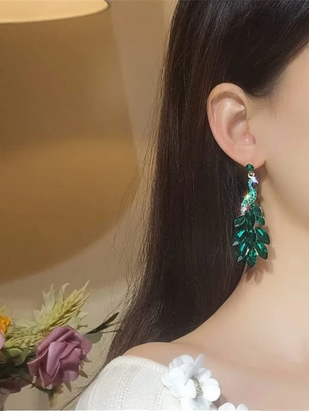 14K Gold Plated Vintage Peacock Dangle Earrings Green Crystal - Picture 3 of 3